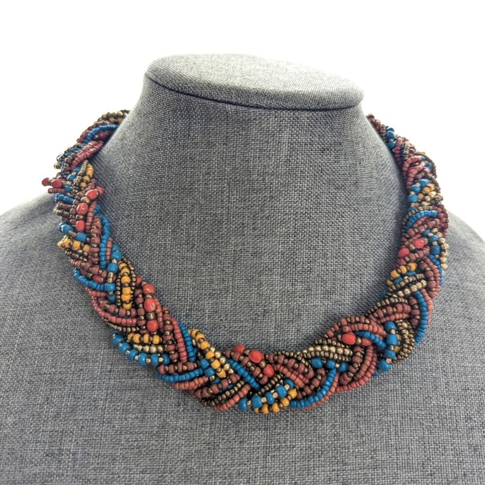Bohemian Style Hippie Seed Bead Earth Tones Braided Collar Choker Necklace
